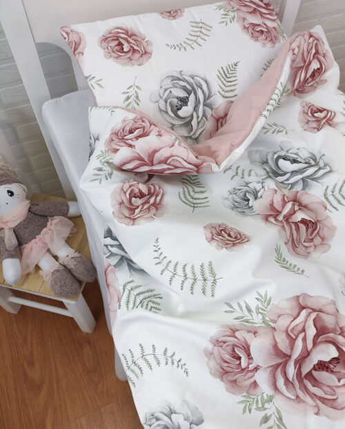 BAWEŁNIANA POŚCIEL DZIECIĘCA / RÓŻYCZKI I LIŚCIE PAPROCI